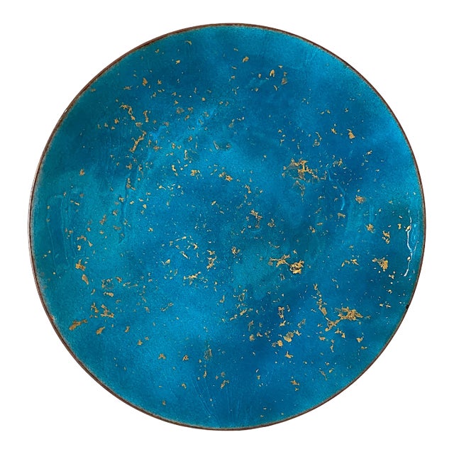 Mid-Century Modern 1960s Bovano Blue and Gold Enamel on Copper Plate Catchall Vide-Poche For Sale