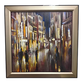 Large Contemporary Cityscape Oil Painting by Artist Bridges - Custom Shadowbox Frame For Sale