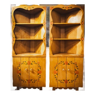 1930s Monterey Tall Corner Hutch Cabinets, Signed, A Pair For Sale