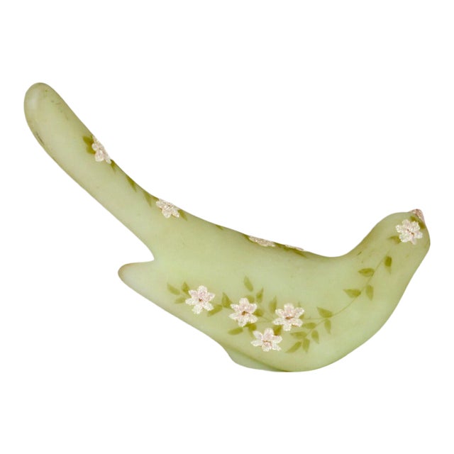 Vintage Mid 20th Century Fenton "Happiness Bird" Green Custard Satin Glass Glitter Pink Flowers Signed by B. Montgomery For Sale