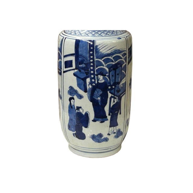 White Oriental Blue White People House Gathering Graphic Porcelain Art Vase For Sale - Image 8 of 17