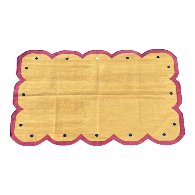 Not Yet Made - Made To Order Handmade Cotton Scalloped Rug Reversible Bright Yellow and Terracotta Red Dhurrie-3'x5' For Sale