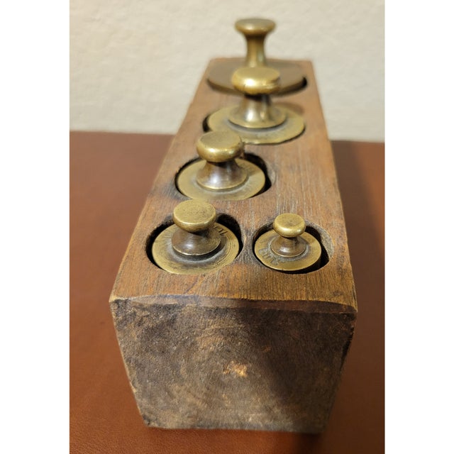 Late 19th Century Antique Five Brass Scale Weights in Wooden Holder For Sale - Image 5 of 8