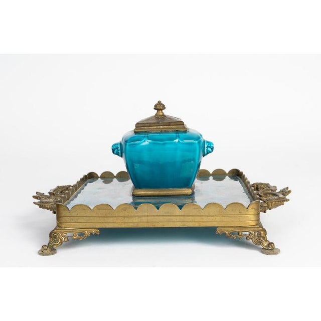 Gilded bronze and turquoise enameled earthenware inkstand by theodore deck from the napoleon iii period, 19th century....