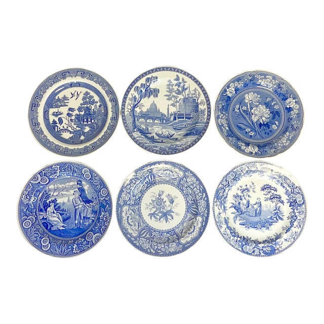 1990s English Rustic European Spode Blue & White Dinner Plates - Set of 6. For Sale