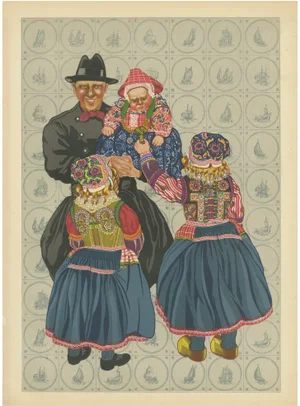 Gratiane de Gardilanne and Elizabeth Whitney Moffatt, Traditional Dutch Costume from Marken Men and Children in Festive Dress, 1932, Print