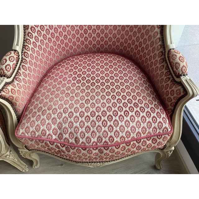 Stunning French Painted Bergères W/Raspberry Velvet Upholstery For Sale - Image 4 of 12