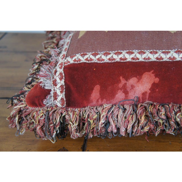 Mid 20th Century Down Filled Red Velvet Floral Rose Embroidered Lumbar Throw Pillow For Sale - Image 6 of 10