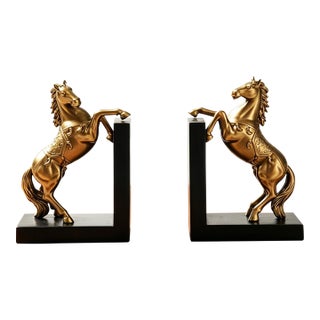 Early 21st Century Pair of Gold Horse Bookends / Sculptural Home Decor For Sale