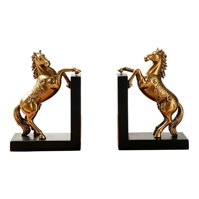 Early 21st Century Pair of Gold Horse Bookends / Sculptural Home Decor For Sale