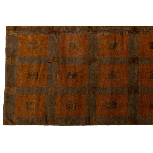 Modern Tibetan Hand-Knotted Wool and Silk Geometric Grid Rug in Burnt Orange For Sale - Image 10 of 10