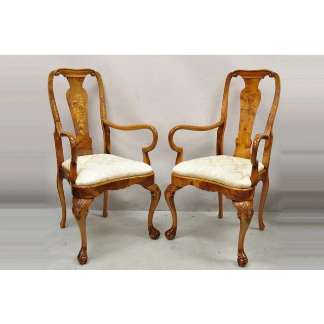 Vintage Queen Anne Style Italian Burl Wood Marquetry Inlay Arm Chairs - a Pair. Item features floral inlay to backrests,...