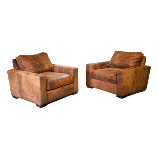 Restoration Hardware Destroyed Italian Leather Maxwell Chairs - A Pair For Sale