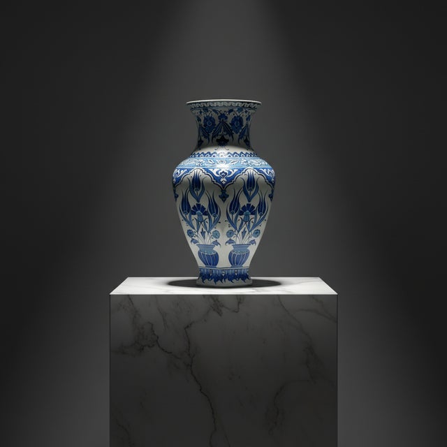 Handmade Ceramic Vase (30cm) Traditional Blue & White “Vase of Life” Tulip Pattern – Faceted Hexagonal Art Decor For Sale - Image 6 of 6