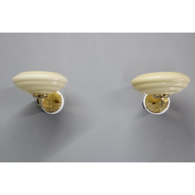 Vintage Art Deco Brass Wall Lights with Opaline Glass Shades, 1940s, Set of 2 For Sale - Image 3 of 17