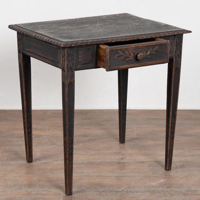 Early 19th Century Black Swedish Oak Side Table with Drawer Early 19th-century Swedish oak side table featuring carved...