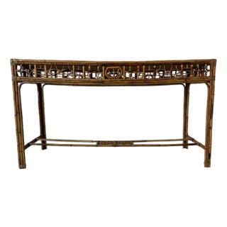 Vintage Bamboo & Leather Chinese Chippendale Fretwork Console Table With Parquet Top For Sale