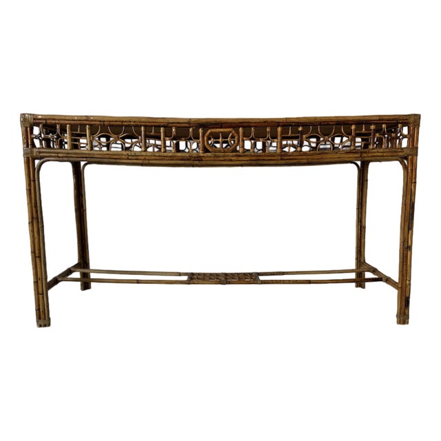 Vintage Bamboo & Leather Chinese Chippendale Fretwork Console Table With Parquet Top/Sold For Sale