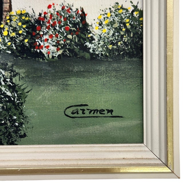Folk Art Vintage Signed Carmen Naïve Folk Art Garden House Painting For Sale - Image 3 of 5