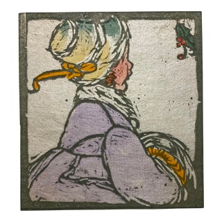1960s Winter Holiday Woodblock of a Child For Sale