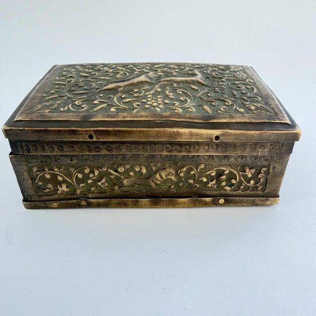 Antique Art Nouveau Repousse Brass Lidded Box 5.25"x3.25"x2.5" Wolf Deer Trinket Antique or Vintage Condition consistent...
