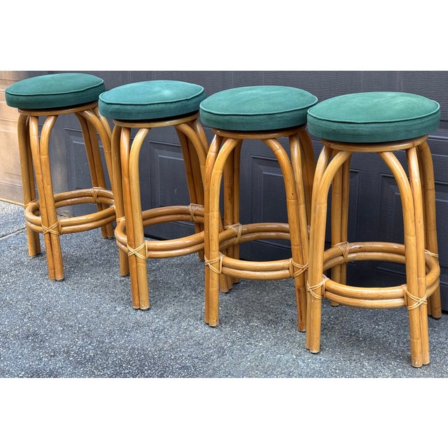Mid-Century Paul Frankl Style Bentwood Rattan Bar Stools - Set of Four For Sale - Image 11 of 11