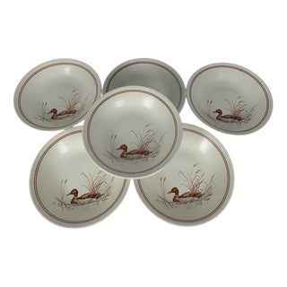Vintage Deep Plate Set with Duck Pattern & Red-Brown Trim from Churchill England, 1990s, Set of 6 For Sale