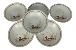 Vintage Deep Plate Set with Duck Pattern & Red-Brown Trim from Churchill England, 1990s, Set of 6