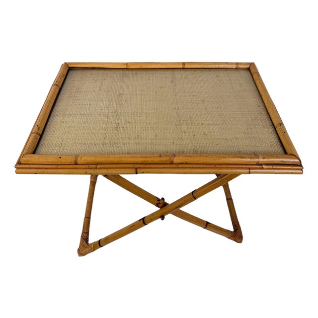 Italian Mid-Century Cane, Bamboo and Woven Rattan Tray Table with Glass Top, 1970s For Sale
