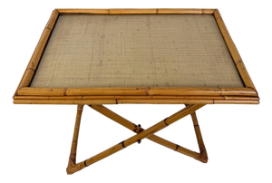 Italian Mid-Century Cane, Bamboo and Woven Rattan Tray Table with Glass Top, 1970s