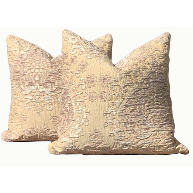 Textile S. Harris Golden Tan Brocade Pillows - A Pair For Sale - Image 7 of 7