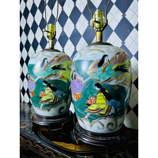 Antique White 1950s Hand-Painted Japanese Porcelain Tabletop Lamps Pair Court Ladies, Large 32"h For Sale - Image 8 of 18