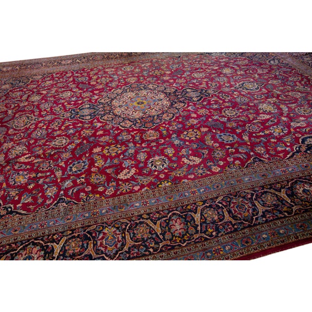 1920s Oversize Antique Persian Kashan Red Wool Rug With Medallion Motif For Sale In New York - Image 6 of 7