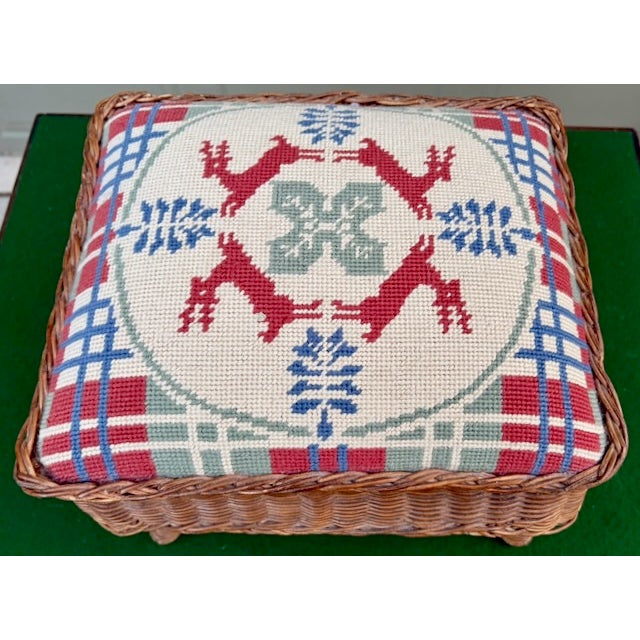 Vintage Wicker Footstool With Needlepoint Top For Sale In Los Angeles - Image 6 of 10