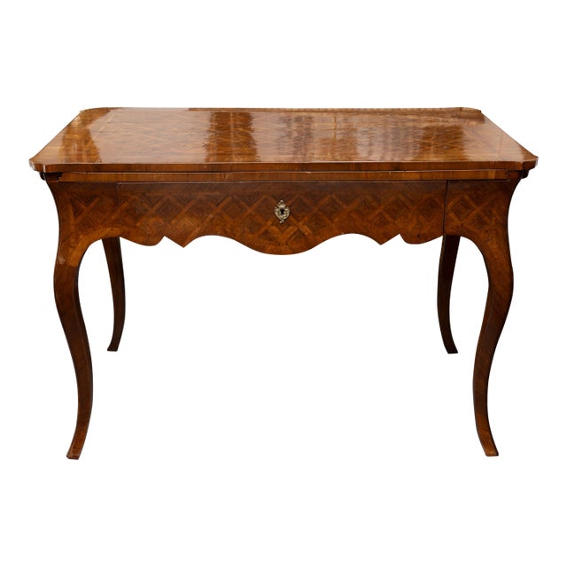 19th Century Louis XV Style Walnut Parquetry Writing Table With Brush Slide For Sale
