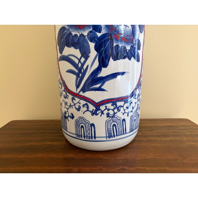 Vintage Chinoiserie Blue and White Porcelain Umbrella Stand For Sale - Image 9 of 13