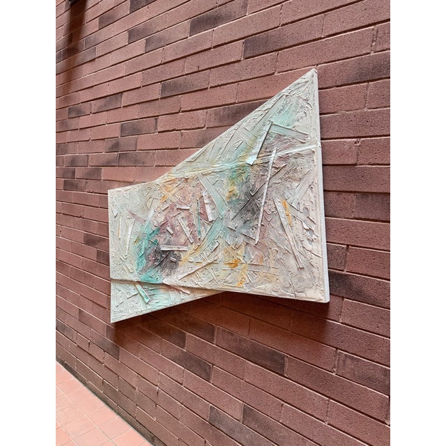 Postmodern Large 1990 Postmodern Mixed Media Signed Abstract Painting “Refraction” – Asymmetrical Sculptural Canvas, 60” For Sale - Image 3 of 10