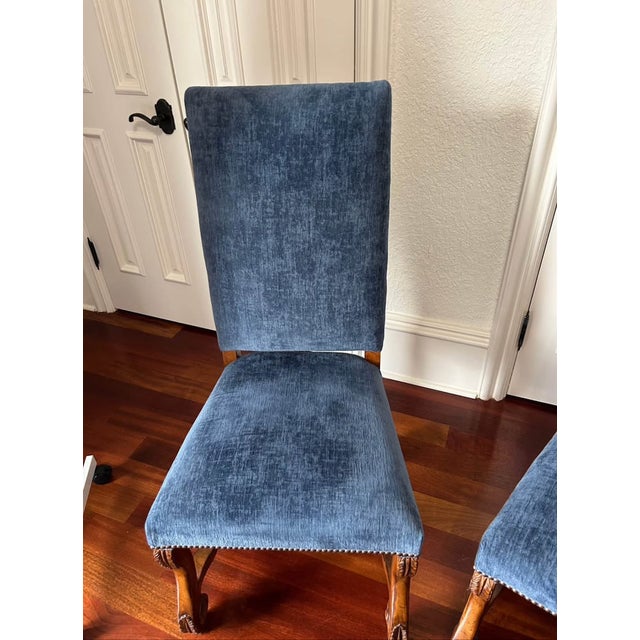 Traditional Pair of Antique-Style Side Chairs With Blue Upholstery and Carved Wood Frames For Sale - Image 3 of 8