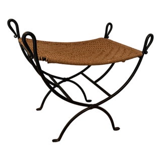 Mid-Century French Woven and Iron Low Stool in the Style of Audoux Minet For Sale