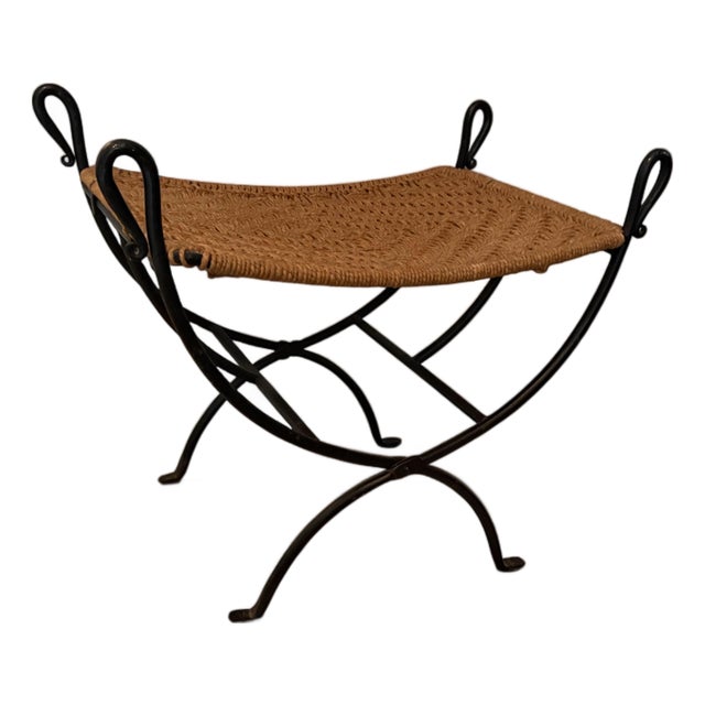 Mid-Century French Woven and Iron Low Stool in the Style of Audoux Minet For Sale