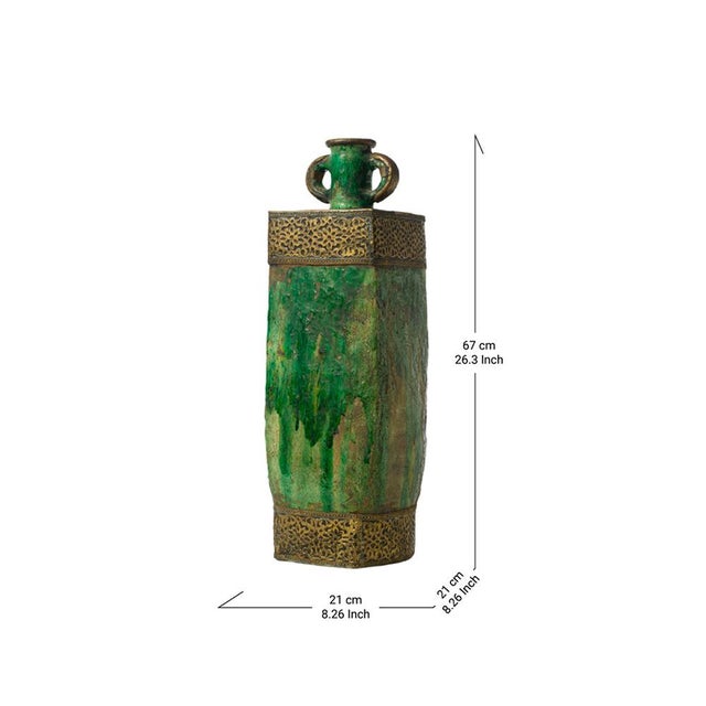 2020s Moroccan Tamegroute Green Glazed Vase With Brass Detailing – Handmade Ceramic, One of a Kind For Sale - Image 5 of 5
