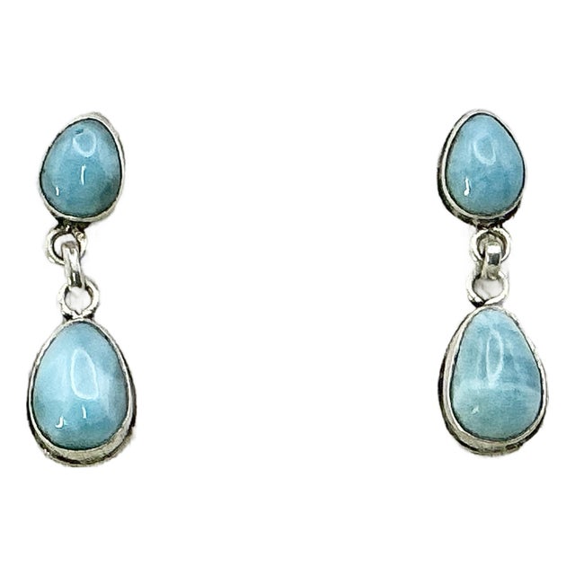 1970s Vintage Southwestern Boho Chic Blue Larimar & Sterling Drop Dangle Earrings - A Pair. For Sale