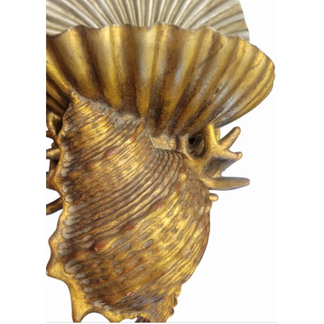 Sculpture Materials Vintage Coastal Regency Large Sea Clam Conch Shell Form Gold Silver Wall Sconce Shelf Brackets- A Pair For Sale - Image 7 of 8