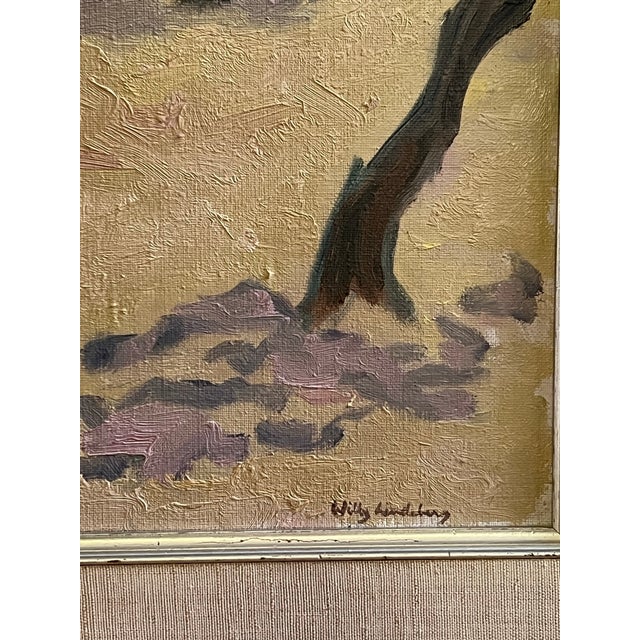 Vintage Swedish oil painting marked "Mandeltrad" or "Almond Tree" by Willy Lindeberg (1910-1983). A large landscape...
