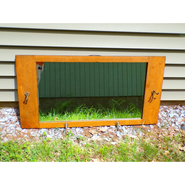 Arts & Crafts Mission Arts & Crafts Solid Oak Framed Entry Mirror Hat Coat Rack For Sale - Image 3 of 13