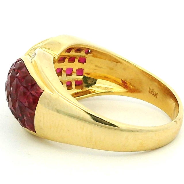 Ruby Red 1990s Italian 18k Gold Ruby Diamond Crossover Cocktail Ring, Size 6.5 For Sale - Image 8 of 13
