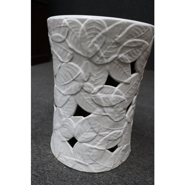 2010s White Glazed Ceramic Garden Stool With Leaf Motif For Sale - Image 5 of 6