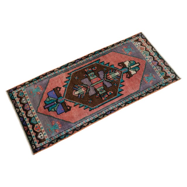 1970s Hand Knotted Turkish Rug Boho-Chic Small Accent Rug Enrty Decor Door Mat 19"x44" For Sale - Image 4 of 13