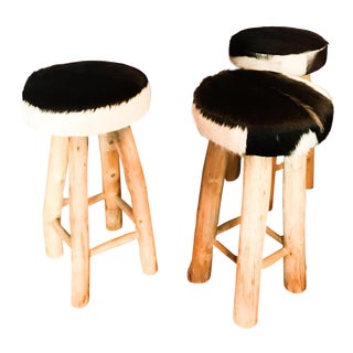 Calypso St. Barth’s Fur & Wooden Bar Stools - Set of 3 For Sale