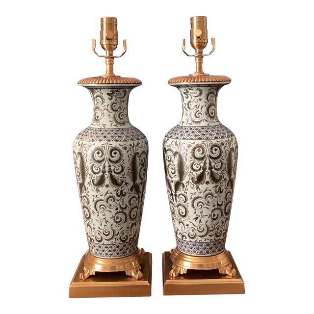 1960s Pair of Frederick Cooper Attributed Ceramic and Brass Table Lamps - Fully Restored For Sale